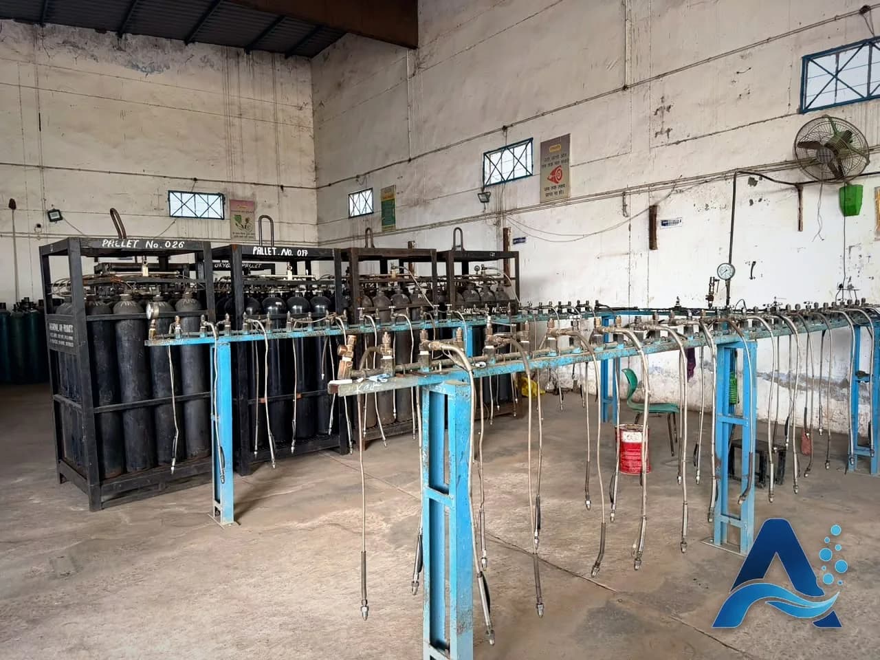 Industrial gas cylinder filling bay at the Aggarwal Air Products plant in Bhiwadi, Rajasthan